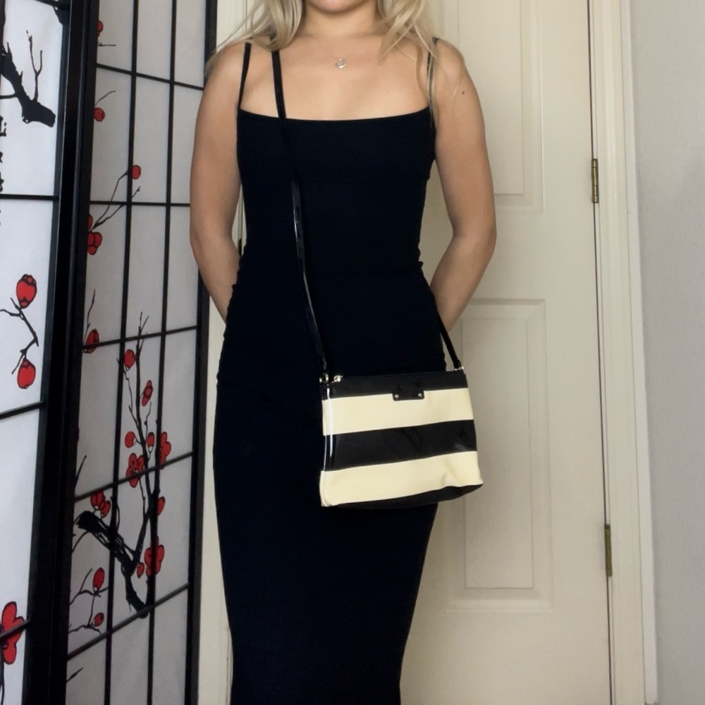 Kate Spade | Black & Ivory Penn Valley Amy Patent Striped Crossbody Shoulder Bag